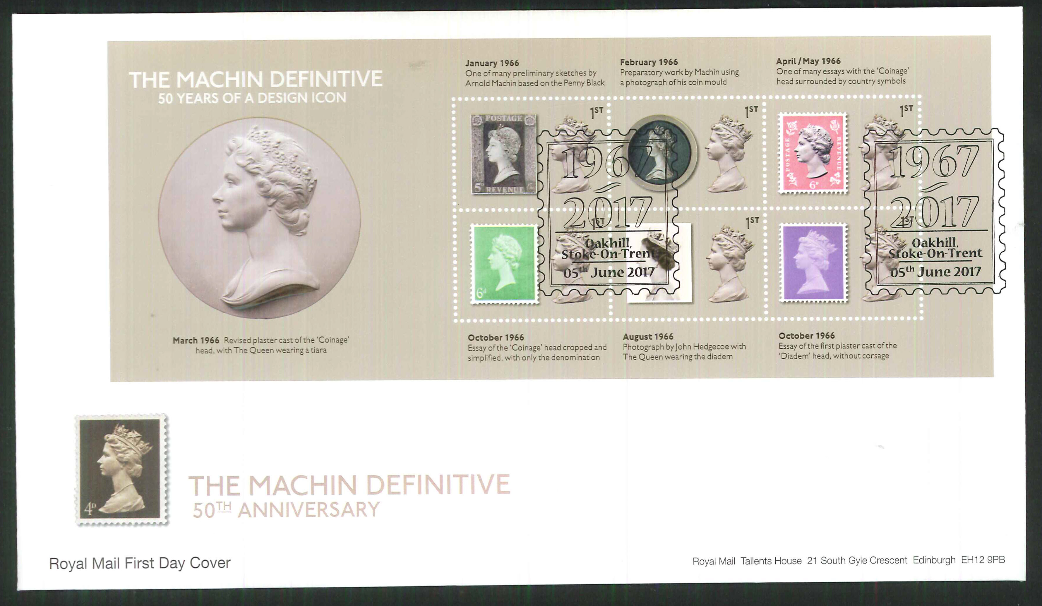 2017 - First Day Cover Machin Mini Sheet Gold Oakhill Stoke on Trent Postmark